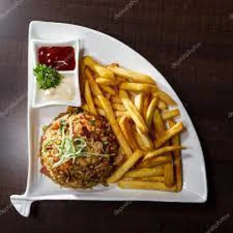 Fried rice with chicken and fries