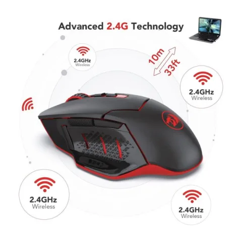 Souris Gaming sans fil Redragon - M690-1 avec changement de DPI, 2 boutons latéraux , 2400 DPI, design ergonomique et 7 boutons noirs