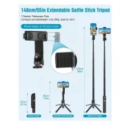 Trépied Selfie Stick - Eocean - 140cm Compatible iPhone-Téléphone Android - avec Télécommande Rechargeable et Kit de Connecteur d'Appareil Photo, Portable et Compact 4