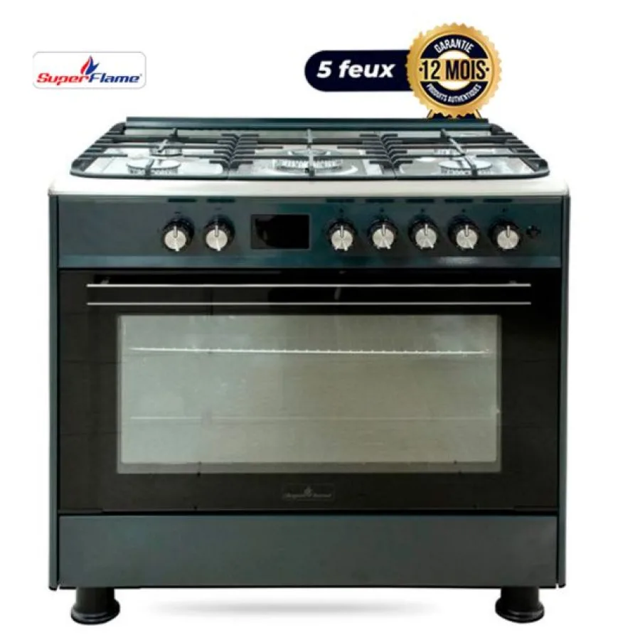 Cuisinière à Gaz - SUPER FLAME - Full option - 5 Feux - 60 x 90 cm - SF-FG9502GBZA - Grand four - Avec panneau de commande numérique - Gris Foncé