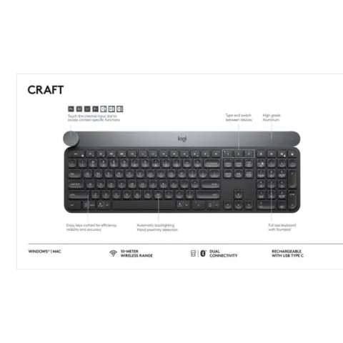 Clavier sans fil Logitech Craft 2.4Ghz et Bluetooth, cadran de saisie programmable, multi-appareils, touches rétroéclairées automatiques, rechargeable Qwerty ( Livré entre 3-5 jours )
