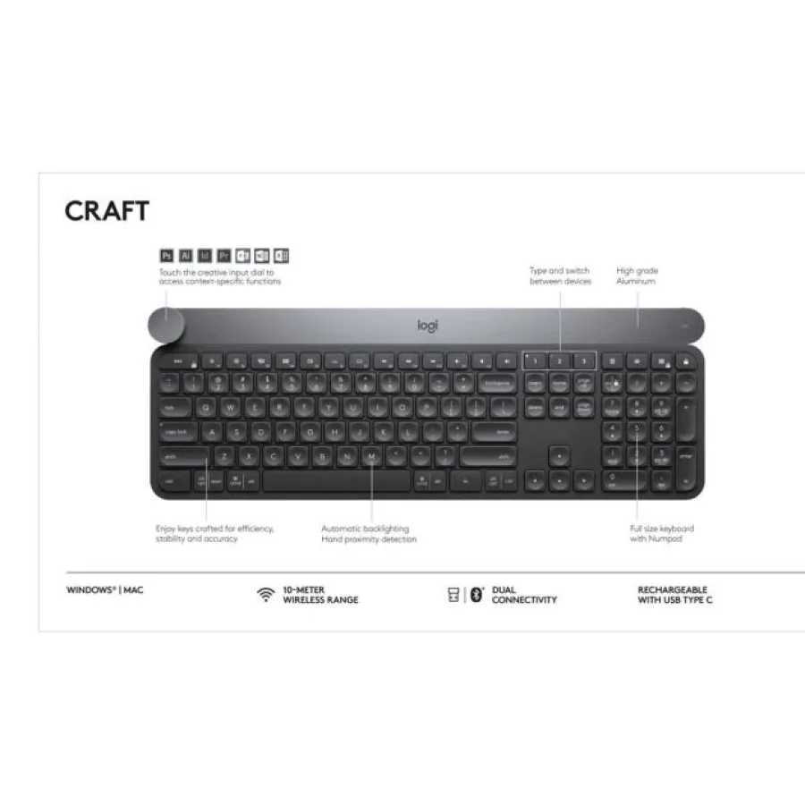 Clavier sans fil Logitech Craft 2.4Ghz et Bluetooth, cadran de saisie programmable, multi-appareils, touches rétroéclairées automatiques, rechargeable Qwerty ( Livré entre 3-5 jours )