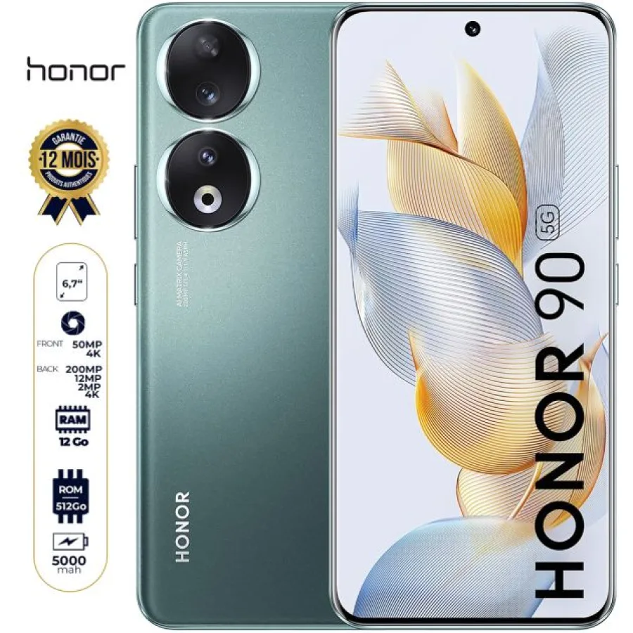 Honor 90 - 512 Go - 12Go RAM - 6.7" écran AMOLED incurvé - Dual Nano SIM - 200MP + 12MP + 2MP /50MP - 5000mAh